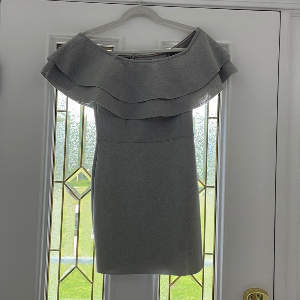 Off the shoulder grey ruffle dress!